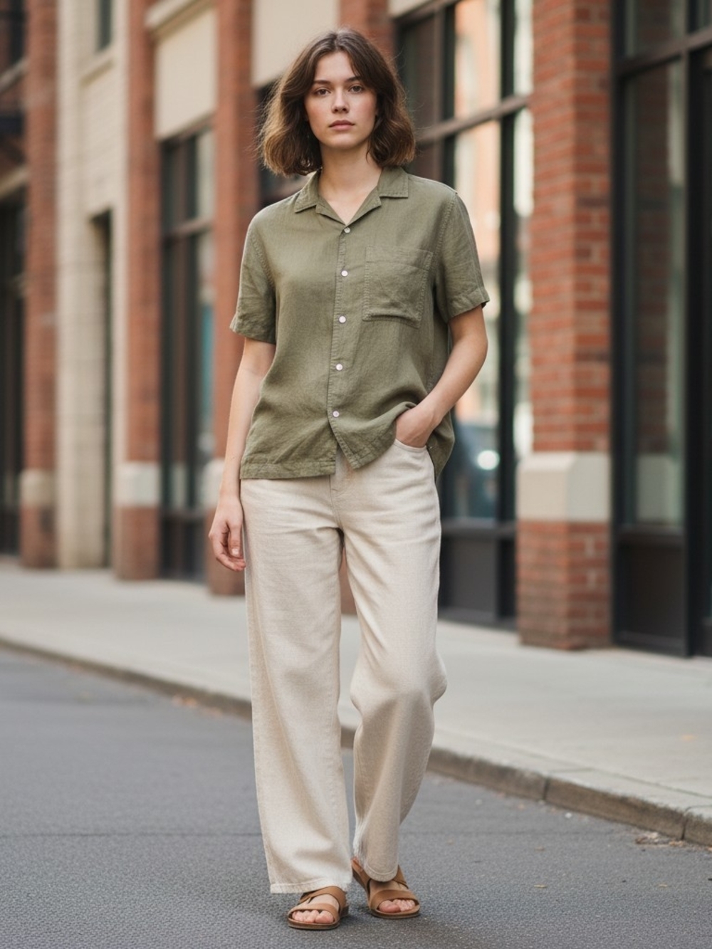 Zara Olive Green Short Sleeve Button-Down Shirt